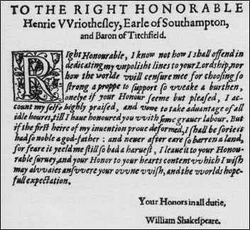 Dedication of "Venus and Adonis" - 1593 - CLICK ON IMAGE FOR LARGER VIEW