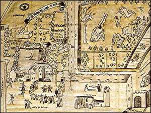 Contemporary Sketch of the Darnley murder with  "floating dagger" at top right corner 