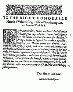 Dedication of "Venus and Adonis" in 1593 to Southampton with first printing of the Shakespeare name