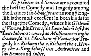 This is the more famous section of the Meres book, announcing that "Shakespeare" was author of a dozen known plays